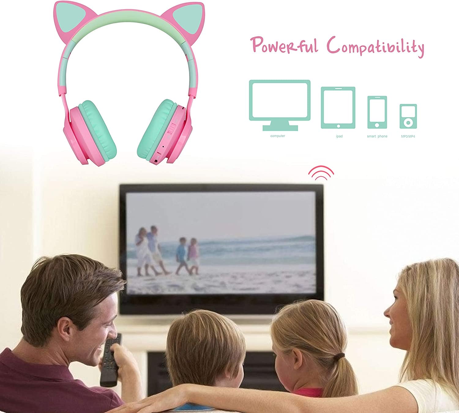 CT-7 Cat Ear Bluetooth Headphones, LED Light up Bluetooth Wireless over Ear Headphones with Microphone and Volume Control for Travel/School/Smartphones/Laptop/Pc/Tv (Pink&Green)