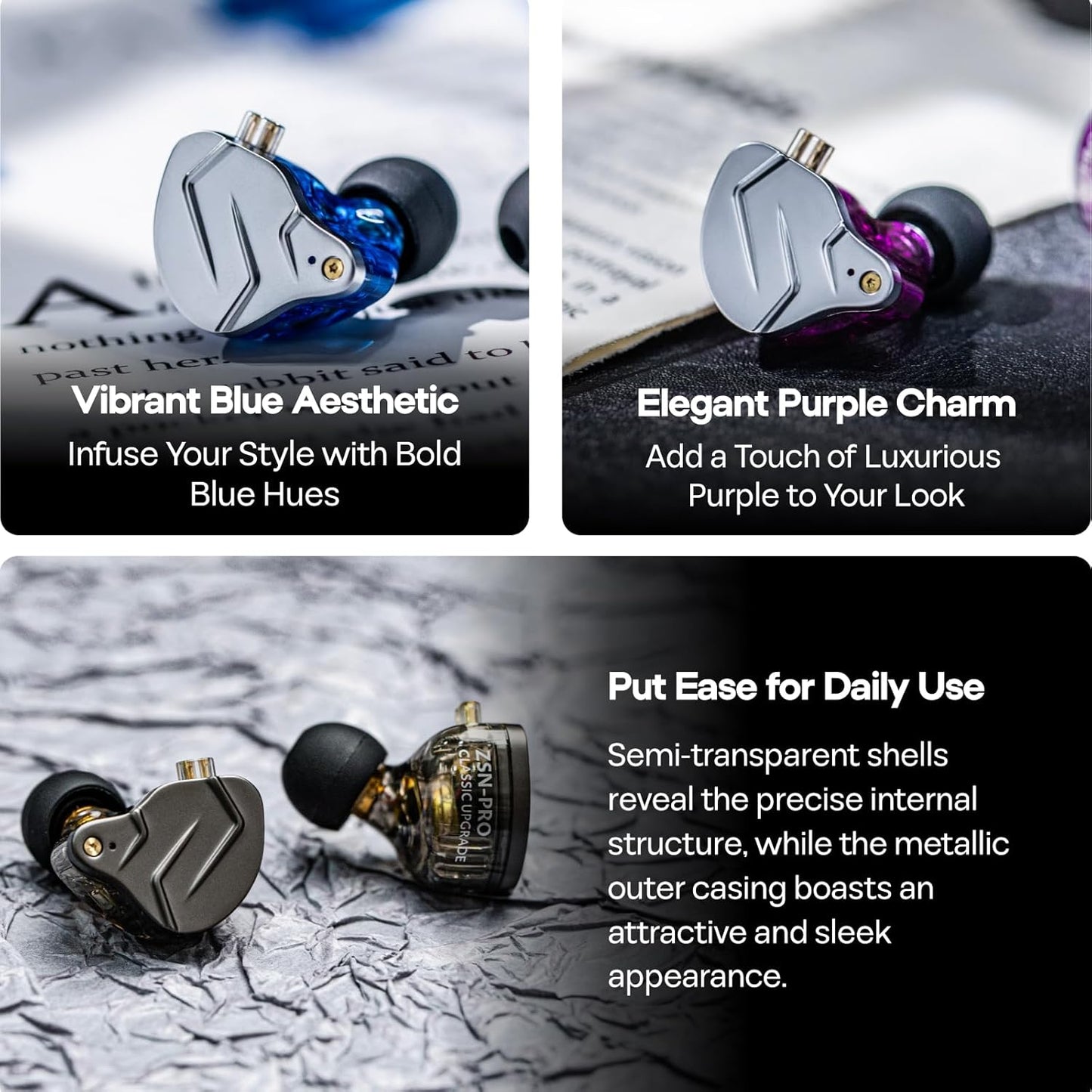 KZ ZSN Pro Dual Driver 1BA+1DD Hybrid Metal Earphones Hifi In-Ear Monitor with Detachable Recessed 2Pin Cable, Zin Alloy Panel (Without Mic, Black)