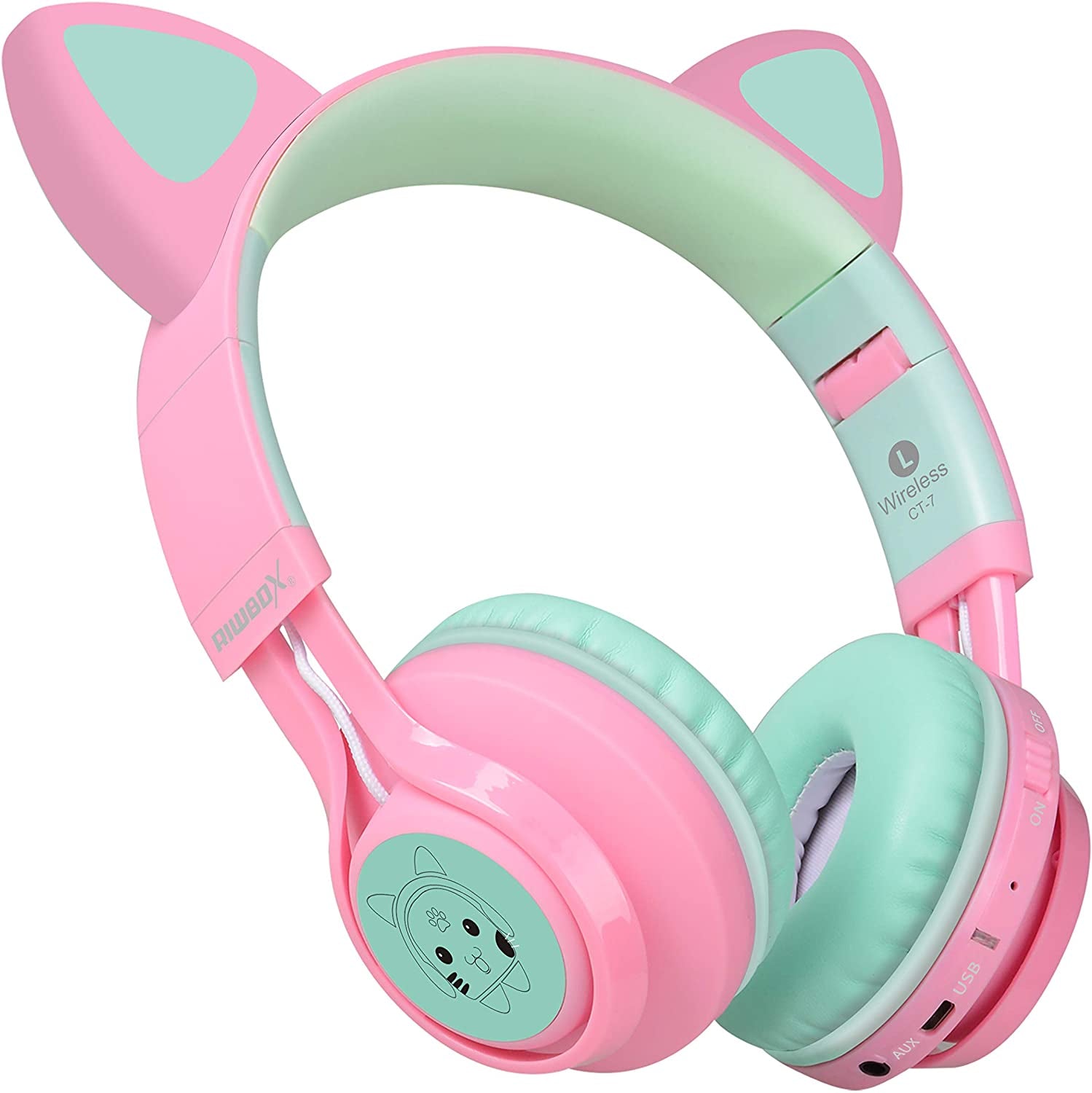 CT-7 Cat Ear Bluetooth Headphones, LED Light up Bluetooth Wireless over Ear Headphones with Microphone and Volume Control for Travel/School/Smartphones/Laptop/Pc/Tv (Pink&Green)