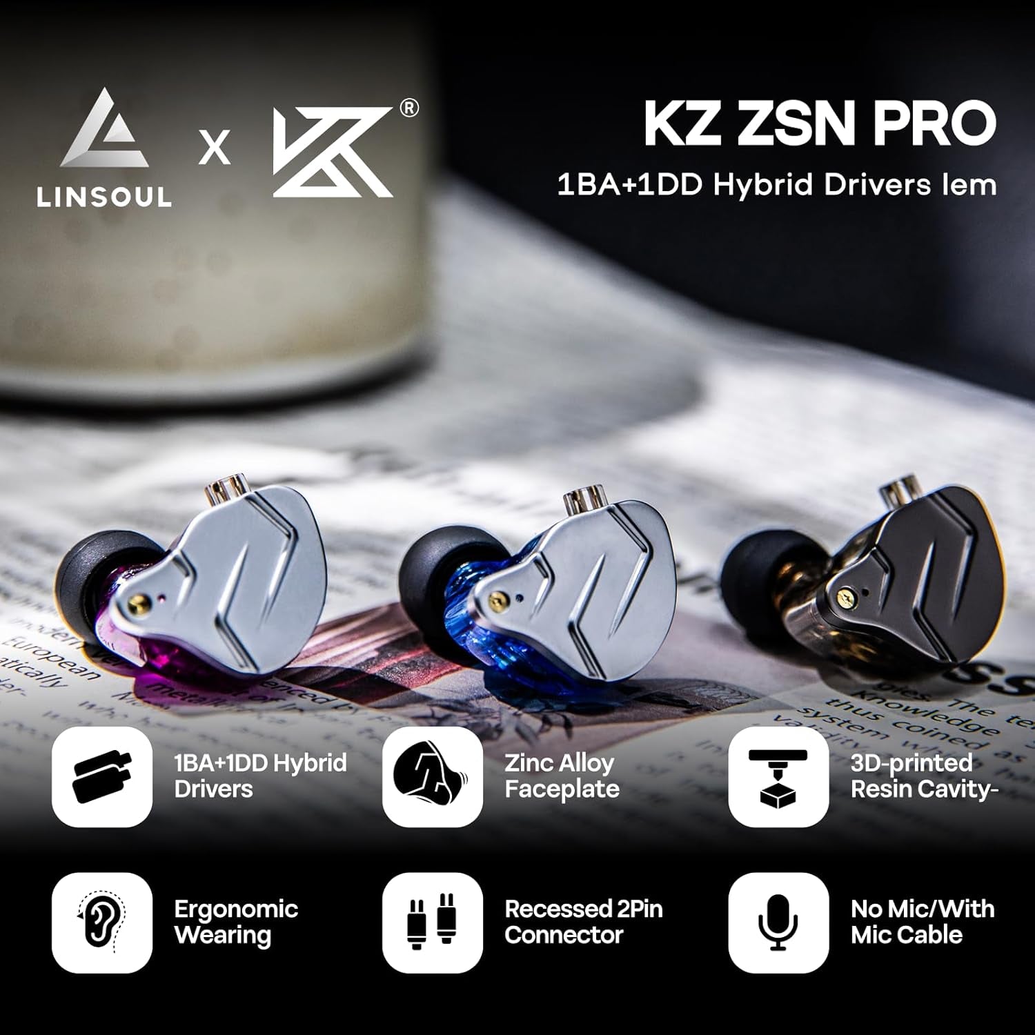 KZ ZSN Pro Dual Driver 1BA+1DD Hybrid Metal Earphones Hifi In-Ear Monitor with Detachable Recessed 2Pin Cable, Zin Alloy Panel (Without Mic, Black)