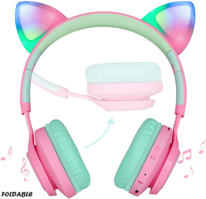 CT-7 Cat Ear Bluetooth Headphones, LED Light up Bluetooth Wireless over Ear Headphones with Microphone and Volume Control for Travel/School/Smartphones/Laptop/Pc/Tv (Pink&Green)